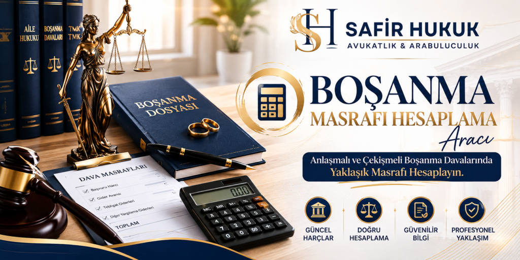 Boşanma masrafı hesaplama aracı ile anlaşmalı ve çekişmeli boşanma davası masraflarının hesaplanmasını temsil eden hukuk temalı görsel