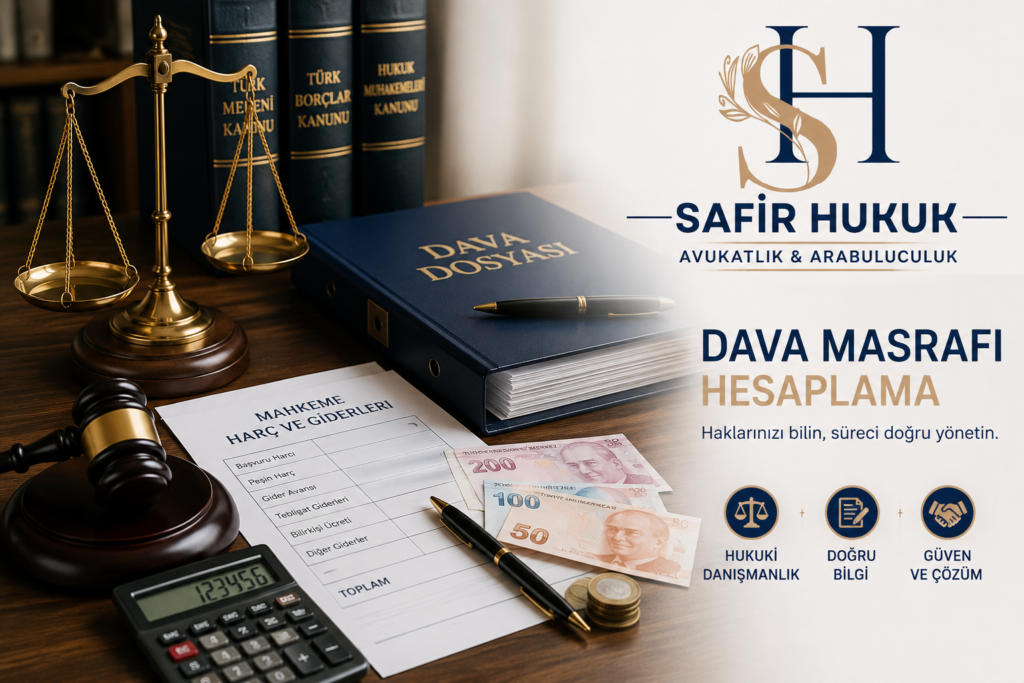 Dava masrafı hesaplama aracı ve mahkeme harçları hakkında hukuk bürosu temalı görsel