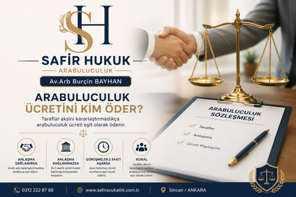 Arabuluculuk ücretini kim öder? Tarafların arabuluculuk ücretini paylaşımı hakkında bilgilendirme görseli. Av. Arb. Burçin Bayhan - Safir Hukuk.